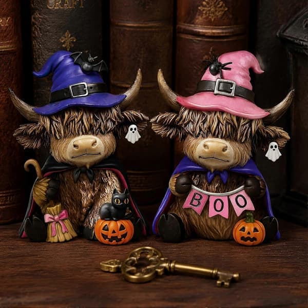 2 stk. Highland Ko-figurer, Halloween Boo Græskar Spøgelse Highland Ko-statue med Heksehat, Træ 1 sæt