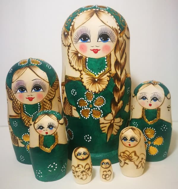 7 stk grønn genser russisk jente Nesting Dolls Matryoshka leker