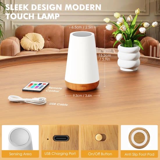 LED Table Lamp - Touch Controlled LED Bedside Lamp - Desk Lamp - Dimmable Lamp with Remote Control and RGB Color Change - USB Rechargeable