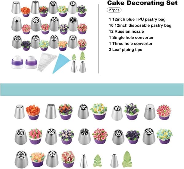 27-dele russiske tyller Kagedekorationsforsyninger DIY Bageforsyninger Sæt til Cupcake Kager-12 russiske dyser 2 bladdyller 2 omformere 1 bagepose
