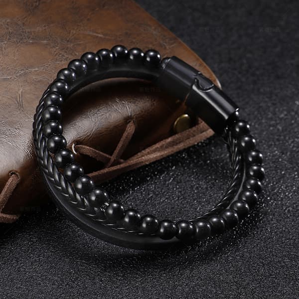 Herrarmband, läderarmband för män med natursten