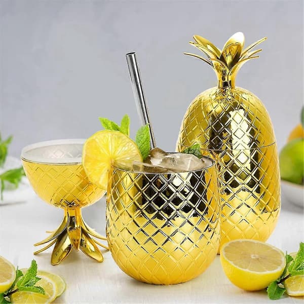 2-pack Ananas Drickmuggar, 450 ml Guld Ananas med Stretchigt Sugrör, Hawaiian Luau Festmuggar