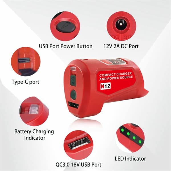 N12 Batteristrømadapter for 12V M12 Hjul Lader med DC USB2.0 Port