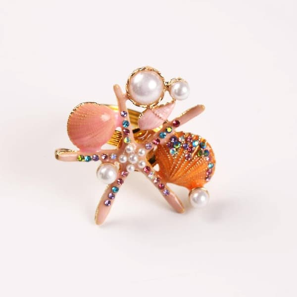 4 Starfish Napkin Rings, Pearl and Rhinestone, Ocean Theme, Pink