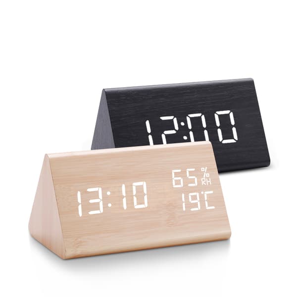 Digital LED Wooden Alarm Clock with Sound and Light Control, USB or AAA Powered for Home Decor, Light Brown L-lightbrow L-lightbrow