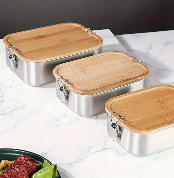 Stainless Steel Lunch Box with Bamboo Lid, Reusable Food Storage Container with Divider, for School, Office, Camping, 850ml
