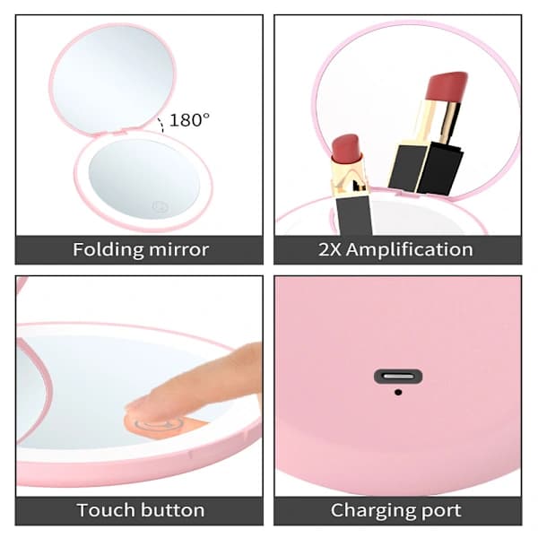 Compact Mirror with LED Light, Magnifying Rechargeable Mirror, Dimmable Travel Mirror for Purse, Pocket, Handheld 2-sided Makeup Mirror White