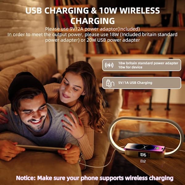 NA/Bedside lamp with wireless charging, LED Touch Table Lamp USB Night Light, Dimmable Bedroom Lamp with 3 Color Modes and Clock