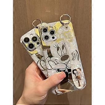 Cartoon Case for iPhone 15 Pro Max, Cute Golden Mickey Sparkle Bling Case with Metal Chain Loop, Wrist Strap Stand Soft TPU Shockproof Protective