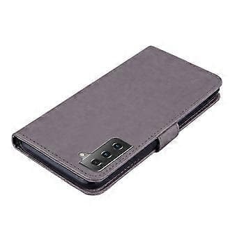 Compatible for Samsung Galaxy S23 5G Rhinestone Decor Phone Case, Imprinting Owl Flower Pattern Stand Wallet Leather Case (Grey)