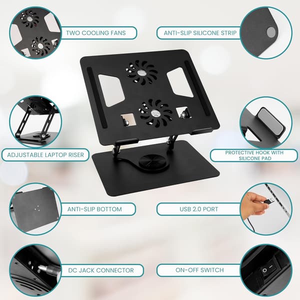 Justerbart laptopstativ til skrivebord - 360° roterende base, foldbart laptopstativ med køleplader - Ergonomisk bærbart og kompatibelt