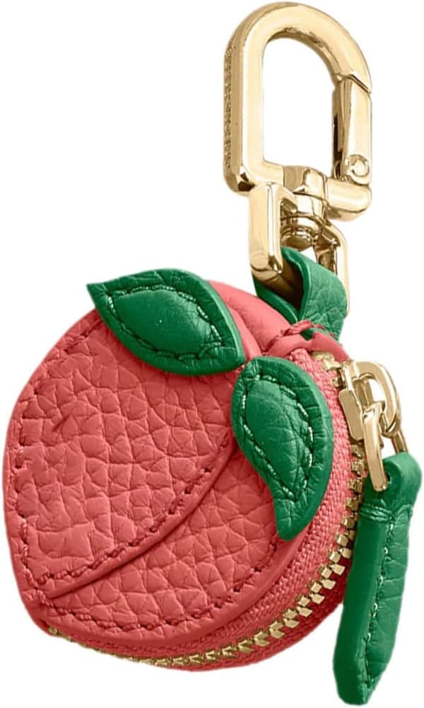 Realistic Peach Coin Purse Keychain Wallet Mini Bag with Leaf Detail Cute Keychain Holder