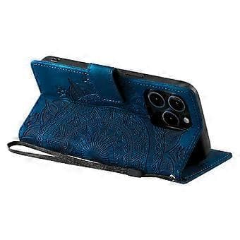 Style 018 Compatible For iPhone 16 Pro Case Embossed Totem Skin Feel Wallet Leather Phone Case (Blue)