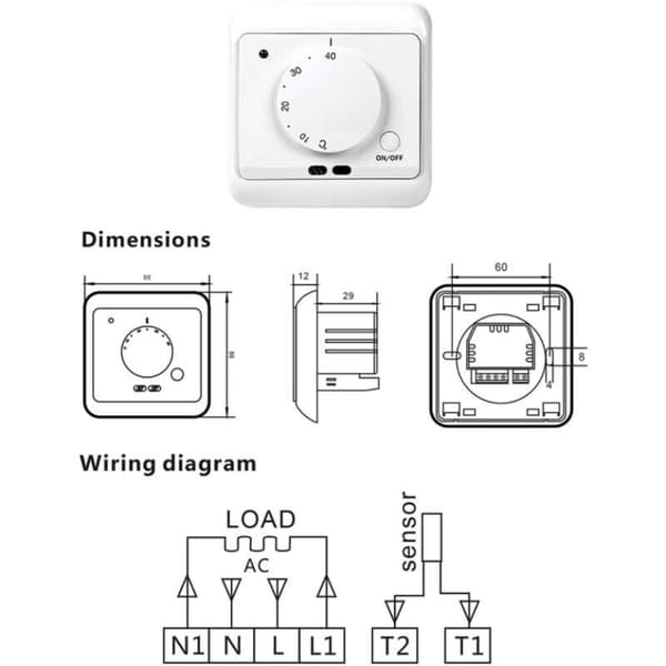 Non-programmable Mechanical Manual Thermostat 230V Room Temperature Controller Floor Heating Thermostats with Anti-freeze Function 5-40°C, White