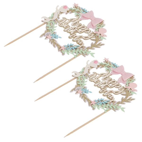2 Pieces Cake Toppers Pink Bow Glitter Exquisite Safe Degradable Happy Birthday Cake Topper