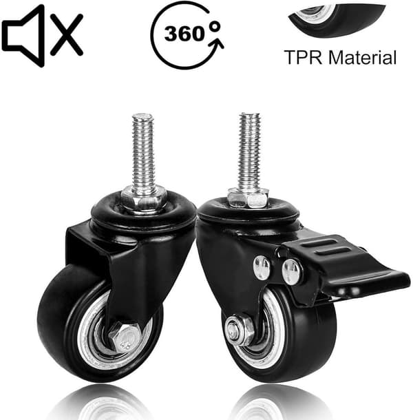 M8 Heavy Duty Threaded Swivel Casters, Rubber Wheels - Set of 2 with Brakes + 2 Without