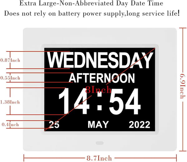 Digital kalender, datovisning, 8 alarmmoduser Ekstra stor digital ukedag demensklokke, perfekt for eldre, hvit-FA10-