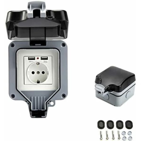 Double Outdoor Wall Socket with USB Port, Waterproof and Durable, Equipped with a Simple Outdoor Wall Box.