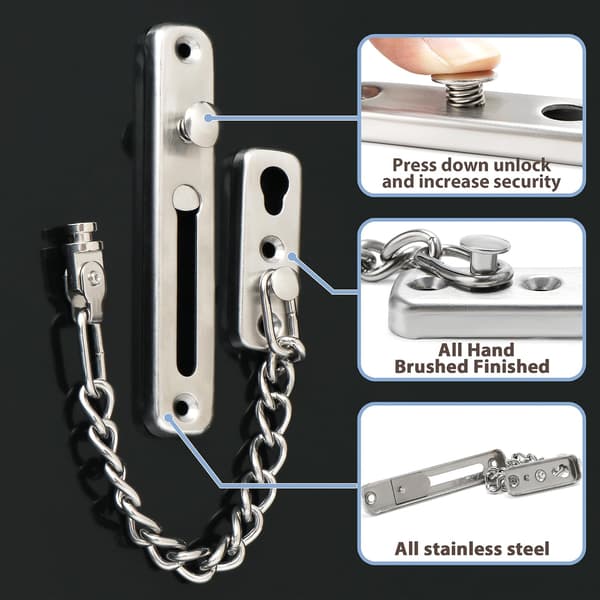 Door Chain Latch, Door Chains with Security Spring, Anti-Theft Push Lock for Inside and Extra Front Door, Brushed Nickel