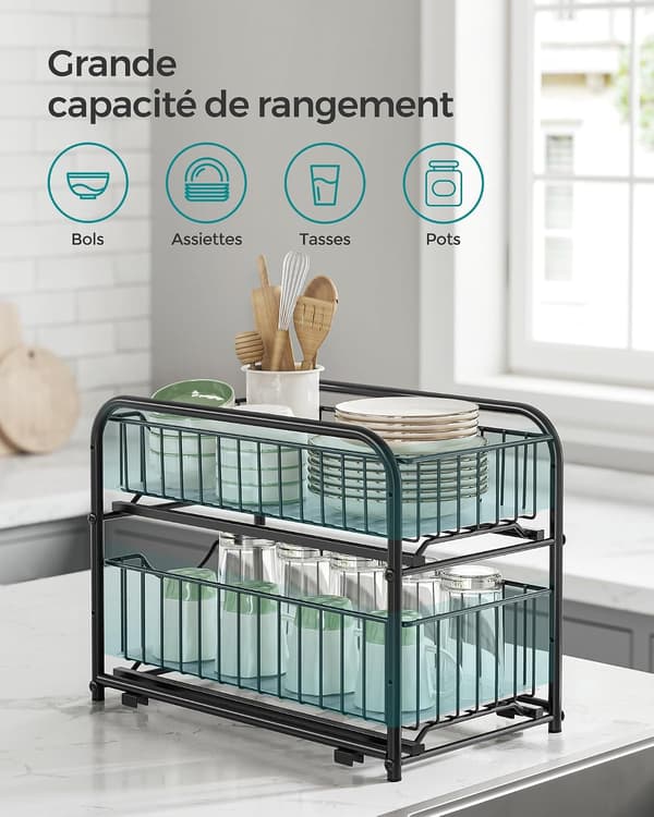 Kitchen Organizer Under Sink Shelf 2 Drawers Stackable Storage Rack Under Sink Cabinet Storage with Drawers for Kitchen Bathroom Classic Black