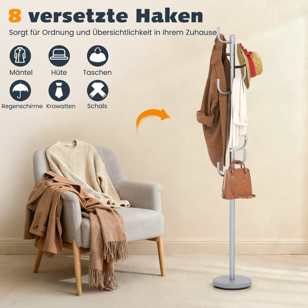 Klesstativ, 175 cm, 8 kroker, justerbar høyde, sølv