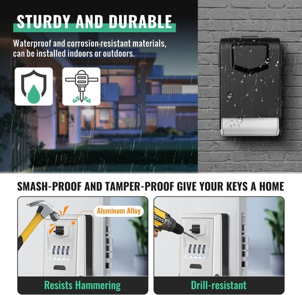 Wall Mounted Outdoor Key Storage, Waterproof Key Box with Illuminated Dial, Police Approved 4-Digit Code Box