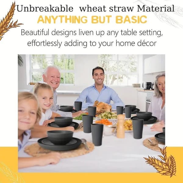 Wheat Straw Dinnerware Set, 16-Piece, Black, Plates Bowls Mugs, Microwave Safe, Household
