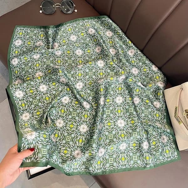 100% Mulberry Silk Women's Scarf/Shawl, Green and White Floral Pattern