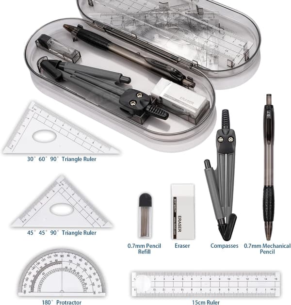 Mathematical Geometry, Compass Set 8-piece School Supplies Drawing Compass Ruler Protractor Set for Students with Carrying Pouch