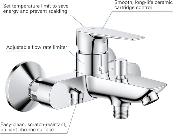 Single-lever bath/shower mixer, exposed wall mounting, 2-way automatic diverter, chrome