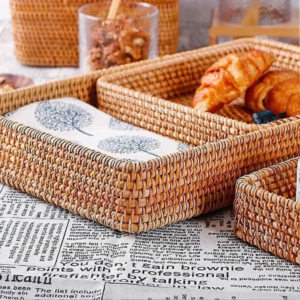 Handwoven Storage Basket Rattan Storage Tray Baskets Bread Fruit Food Breakfast Display Box
