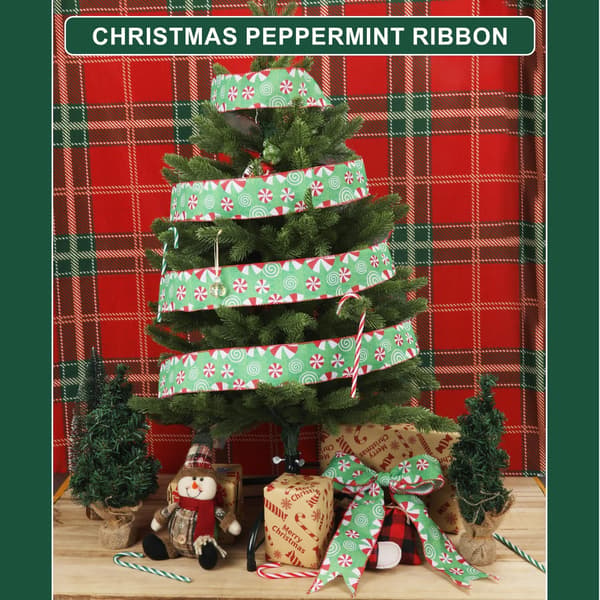 Ruller Trådbundet Julebånd (Grøn Baggrund), 2,5\" Bred Mint C