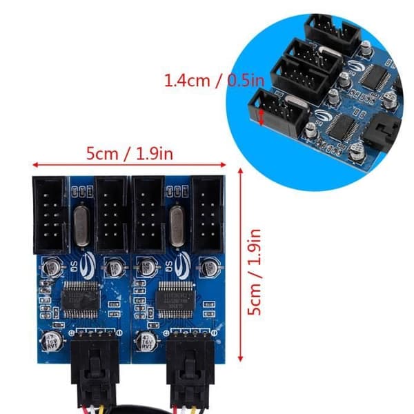 Hovedkort 9-pins USB-header hann 1 til 4 hunn forlengelseskabel splitter 9-pins USB-kontakt