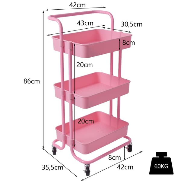 Metallvogn med 3 etasjer og hjul, rosa, enkel montering