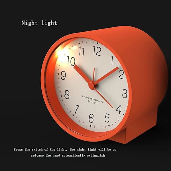 SQCLV Analog Alarm Clock with AA Batteries, Silent and Tick-Free, Ascending Beep, Snooze, Light Functions, Easy Setting (Orange)