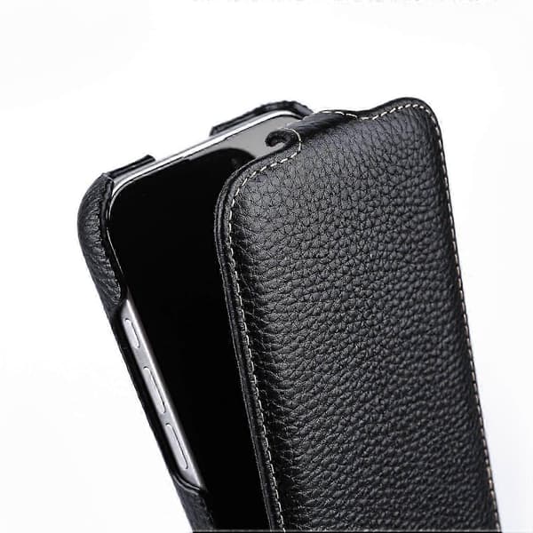 MELKCO Magnetisk Etui til iPhone 16 Lodret Flip Ægte Læder+PC Stødsikkert Cover - Sort