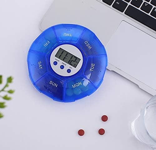 1 stk (blå) pilleboks med timer, pilleboks med alarm, 5 vekkerklokker