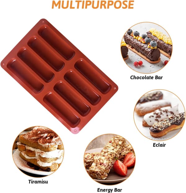 2-delt lang strimmelforme, rektangulær silikoneform til kornbarer, kiksform, kageform til chokoladeenergibar, 8 hulrum (11,7 x 3,2 cm pr.