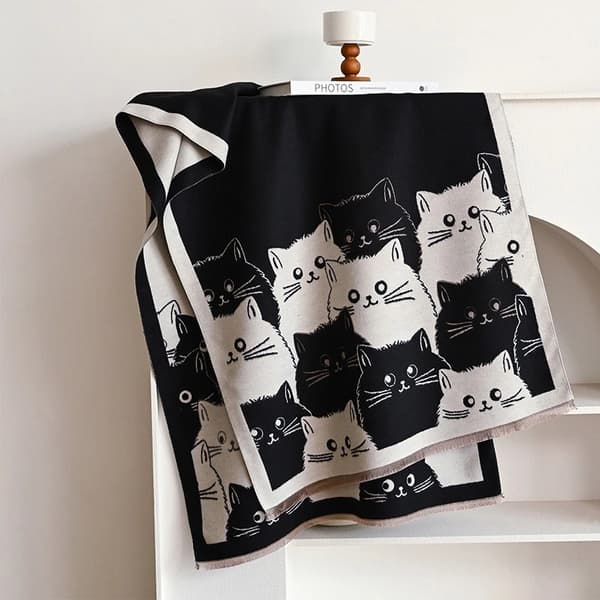 Black and White Cat Patterned Oversized Scarf, Imitation Cashmere Large Shawl for Women, with Tassels for Warmth.