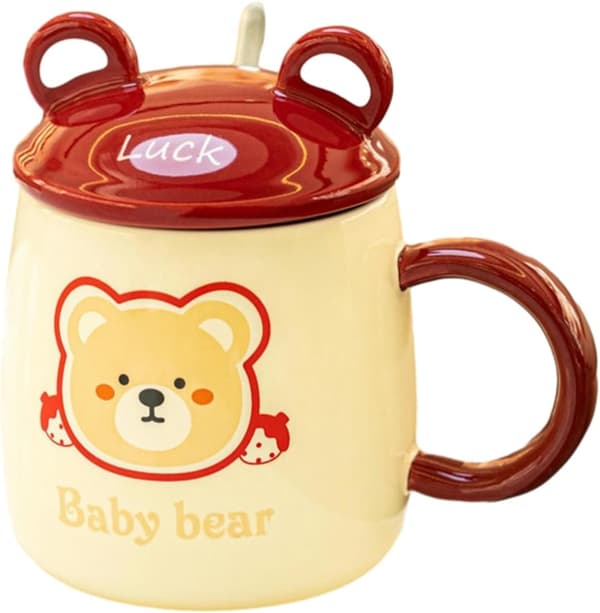 Creative Strawberry Bear Contrast Ceramic Mug Home Office with Lid Cute Bear Coffee Cup - A Cute Bear Holding Strawberries - B