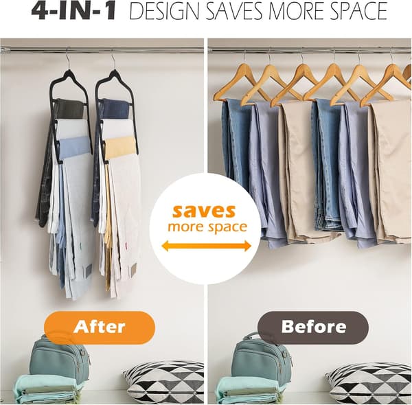 Space-saving Non-slip Pants Hanger - 5-pack Jeans Hanger Multi Bar Velvet Clothes Hanger Closet Organizer