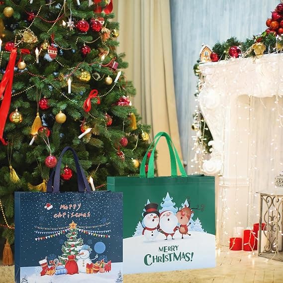 Store 2-pakker gjenbrukbare juleposer med håndtak, sammenleggbare og vanntette [JUN]
