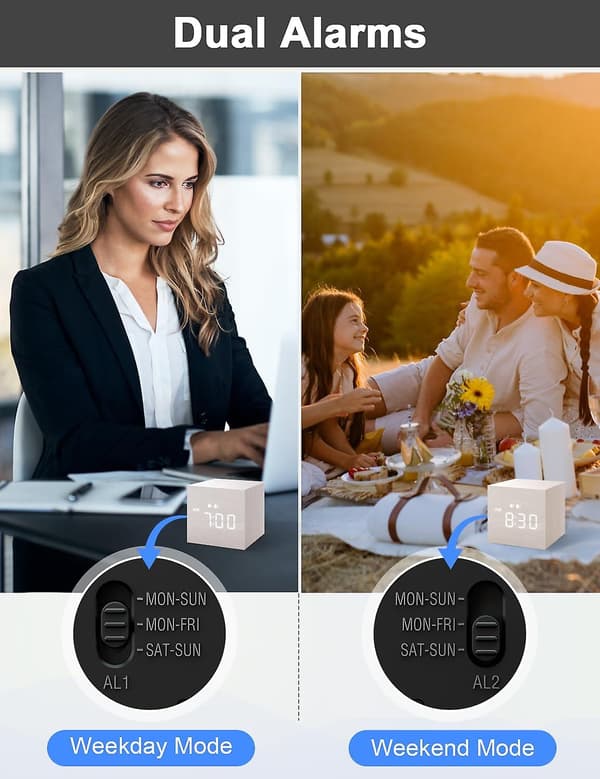 SCSYV Digital Väckarklocka, med Trä LED-Display, Dubbla Alarm, 2.5 Tum Kubisk Liten Mini Träklocka för Sovrum, Sängbord Vit Vit White