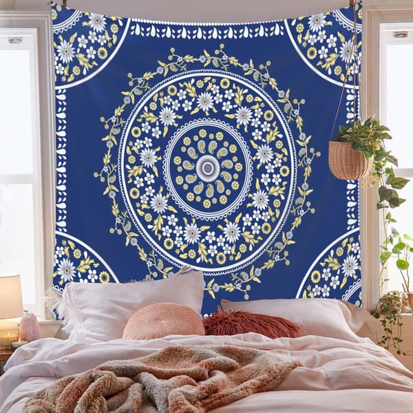 150×200cm Bohemsk Tapet - Blå Blomstret, Dekorativ Tapet