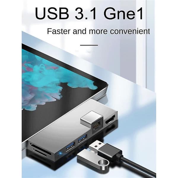 Dokkingstasjon Hub for Surface Pro 4 5 6 med 4K -kompatibel TF-kortleser Gigabit Ethernet 2 USB Sølv Silver