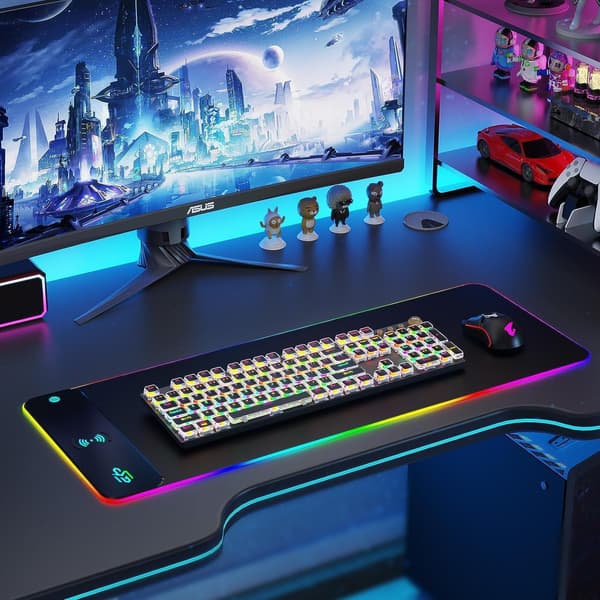 Trådløs Lading RGB Spillmusematte 15W, LED Musematte 800x300x4MM, 17 Lysmoduser for Spill, MacBook, PC, Laptop, Skrivebord