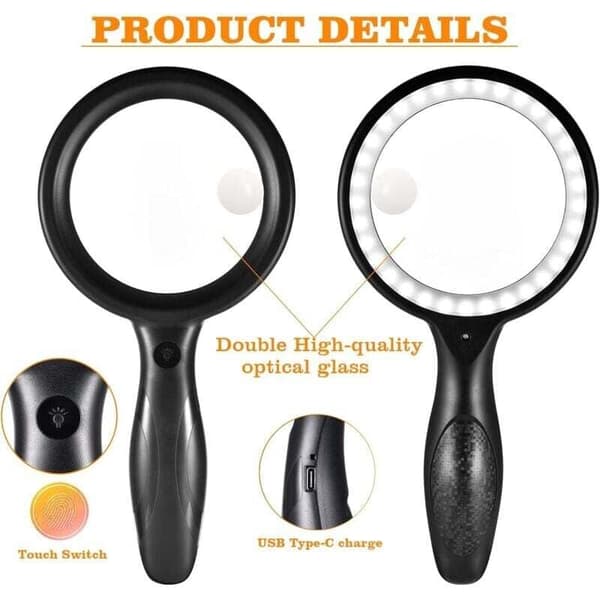 30X 60X LED-forstørrelsesglass med 33 lamper - USB oppladbar leselup for eldre