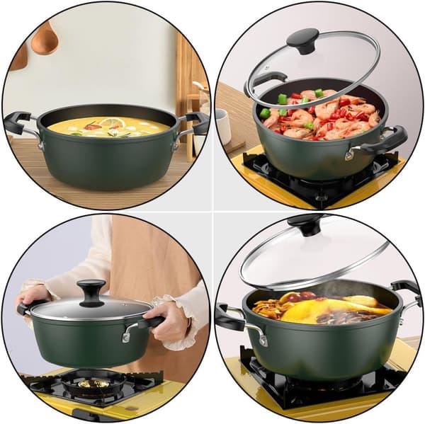 Non-Stick Cast Iron Soup Pot with Lid, 22cm, Double Ear, Green for Home Cooking