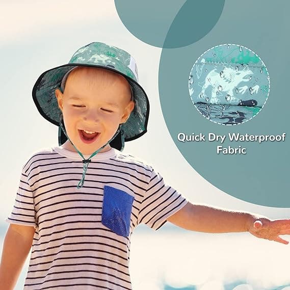 Solhat Børn Sommer Bucket Hat Bred Skygge Strandhat med Hagestrop UPF50 Dinosaur Flap Cap til Børn 2-10 År