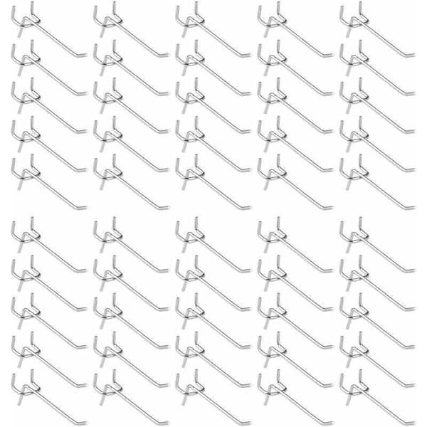 50-pack perforated hooks, galvanized carbon steel, 10 cm long, 3.2 cm wide. For storing tools and supplies.